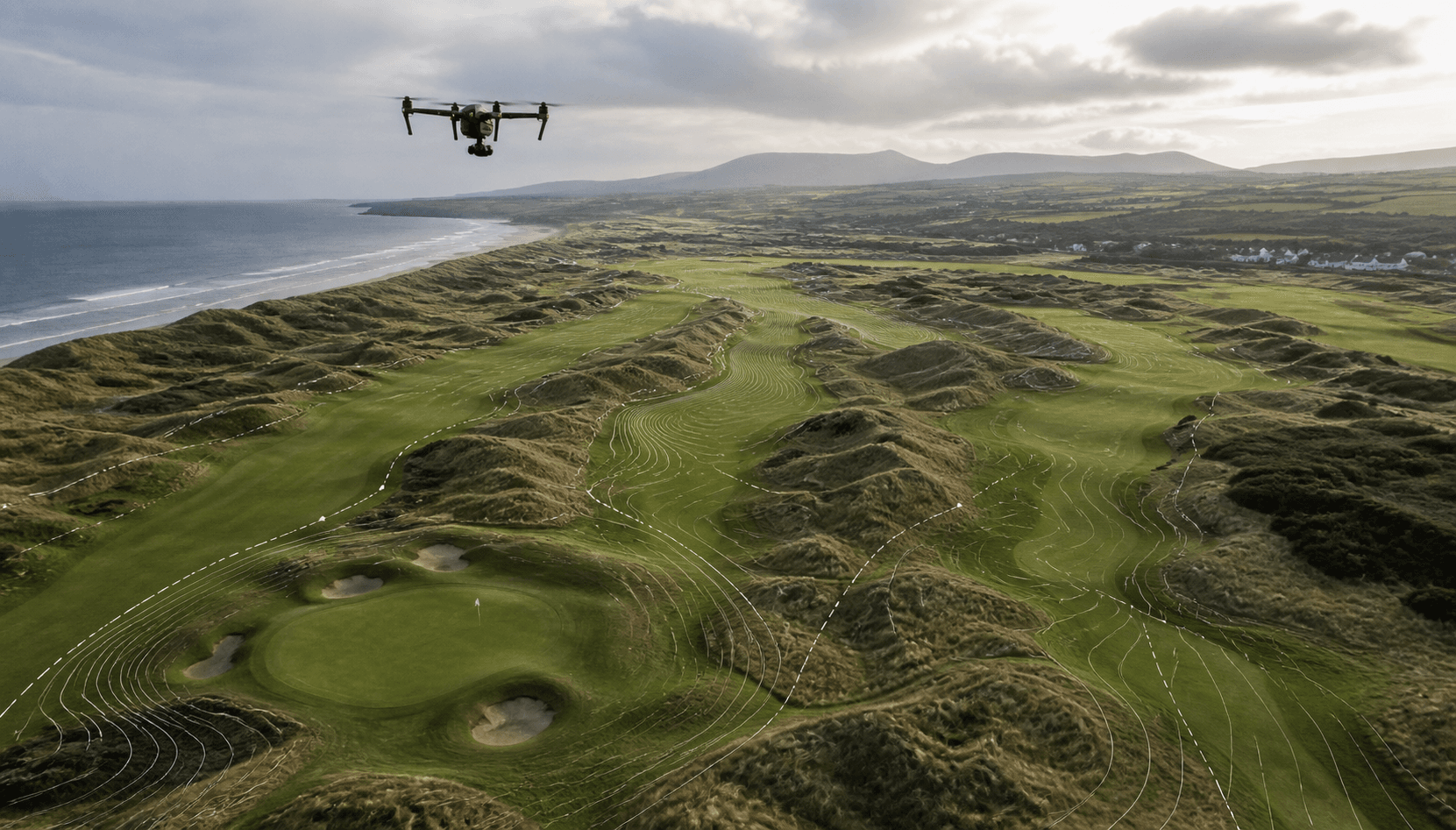 Illustrative view of a survey drone above a coastal links golf course
