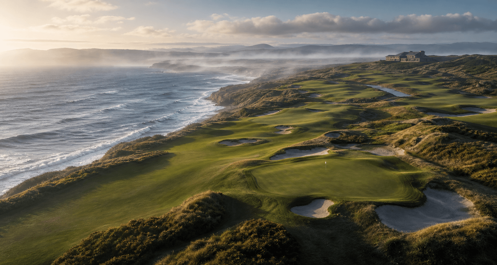 Illustrative aerial view of a coastal links course, with greens, bunkers and dunes